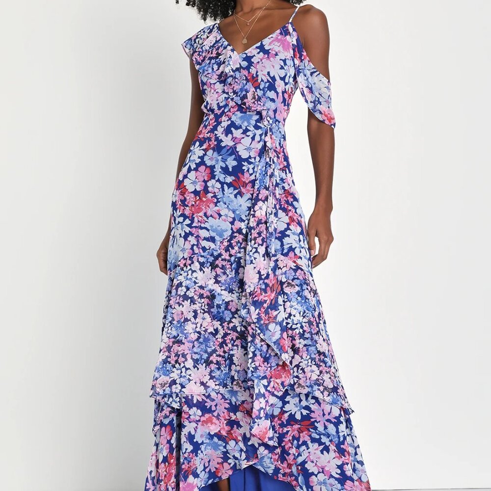 Lulus - Radiant Blue Floral Print Chiffon Maxi Dress - Small